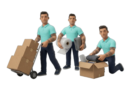 Drie verhuizers met materiaal