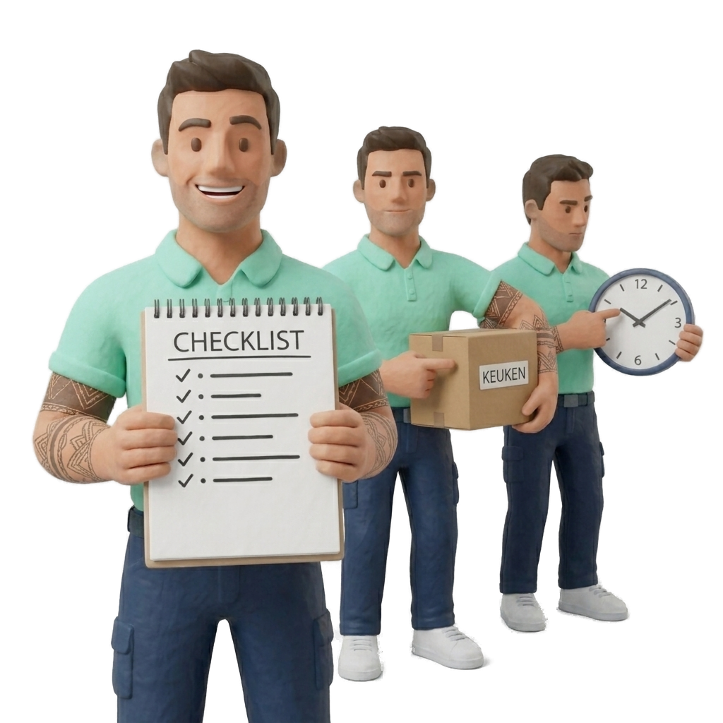 3 popjes: checklist, KEUKEN-doos, klok