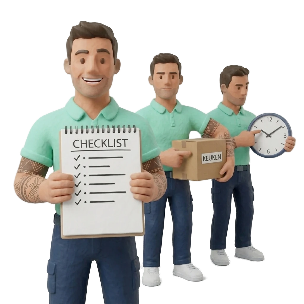 3 popjes: checklist, KEUKEN-doos, klok
