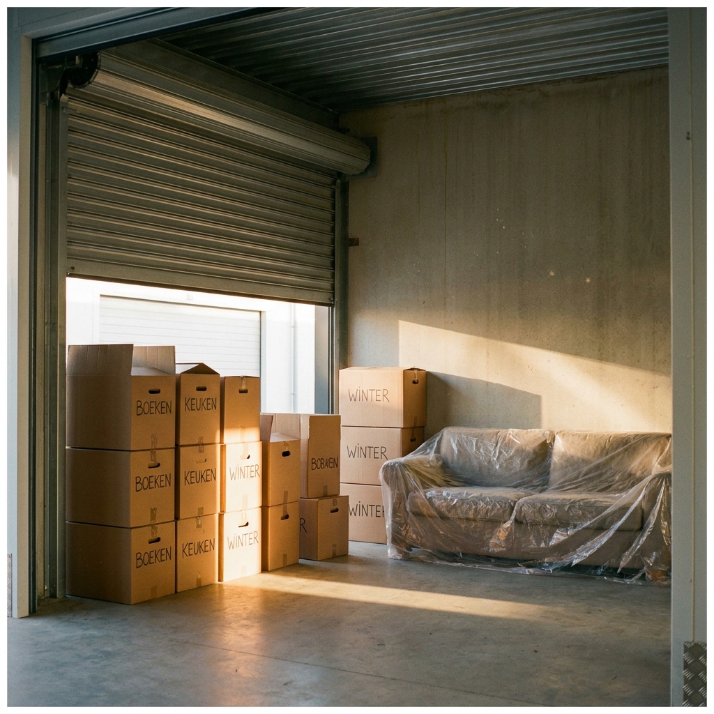 Klimaatgestuurde opslagloods met houten verhuiskisten en stalen containers