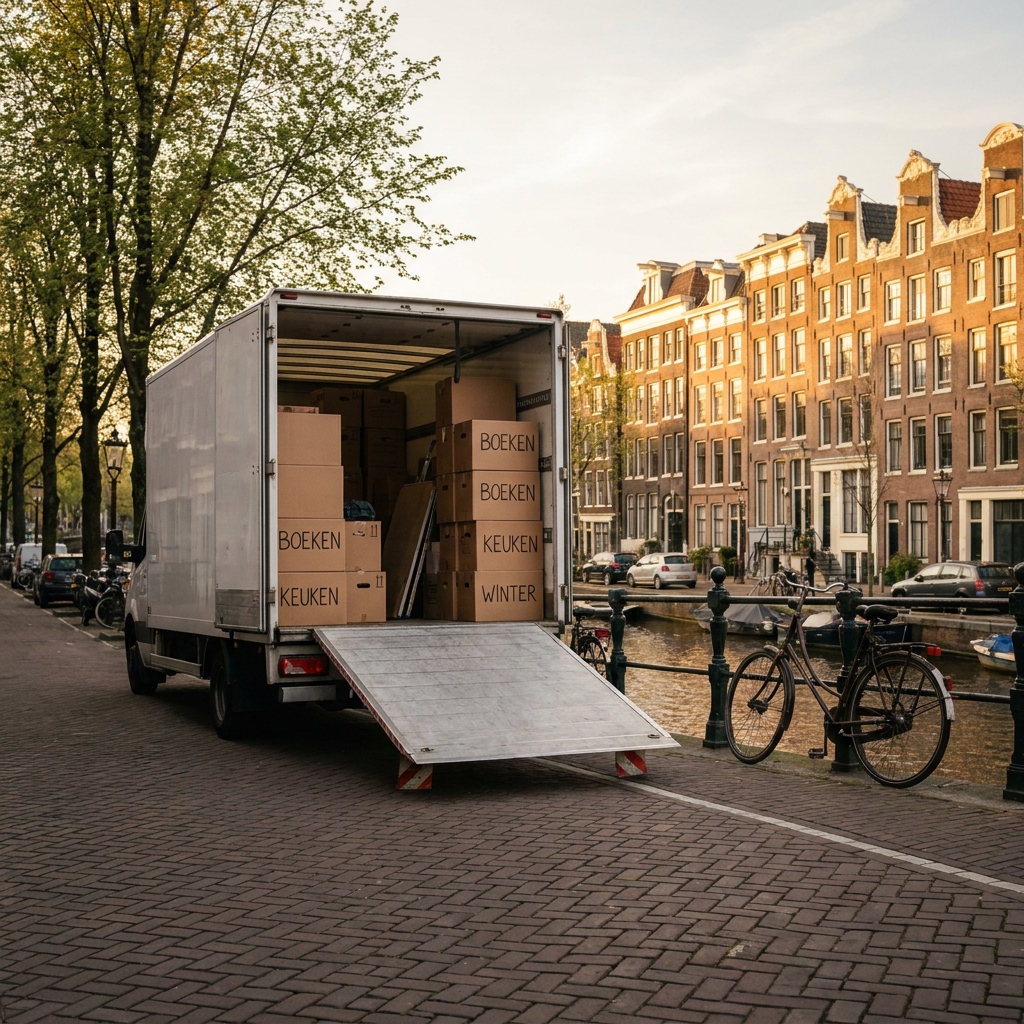 Verhuizers laden inboedel in een verhuiswagen voor een grachtenpand
