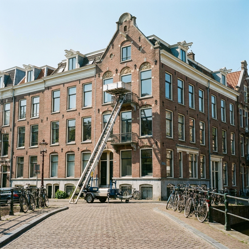 Verhuislift in actie voor Amsterdams grachtenpand