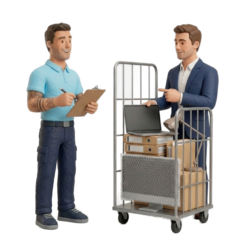 Verhuizer met klembord en zakenman bij rolcontainer
