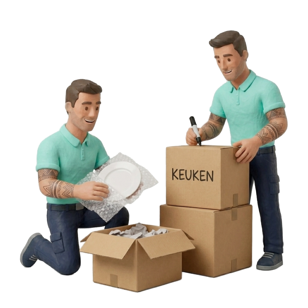 2 verhuizers pakken keukenservies in en labelen dozen