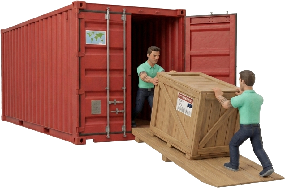 2 verhuizers laden houten kist in rode zeecontainer