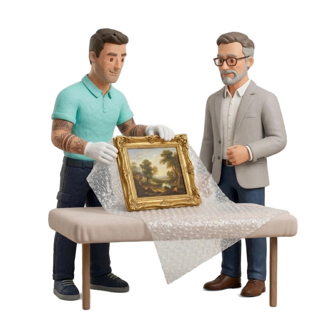 Verhuizer met witte handschoenen pakt schilderij in