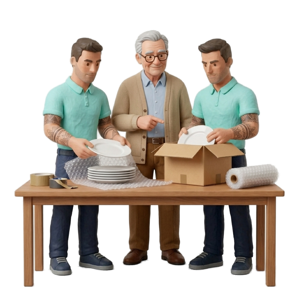 2 verhuizers pakken porselein in voor oudere meneer