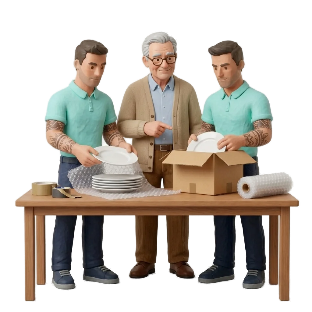 2 verhuizers pakken porselein in voor oudere meneer
