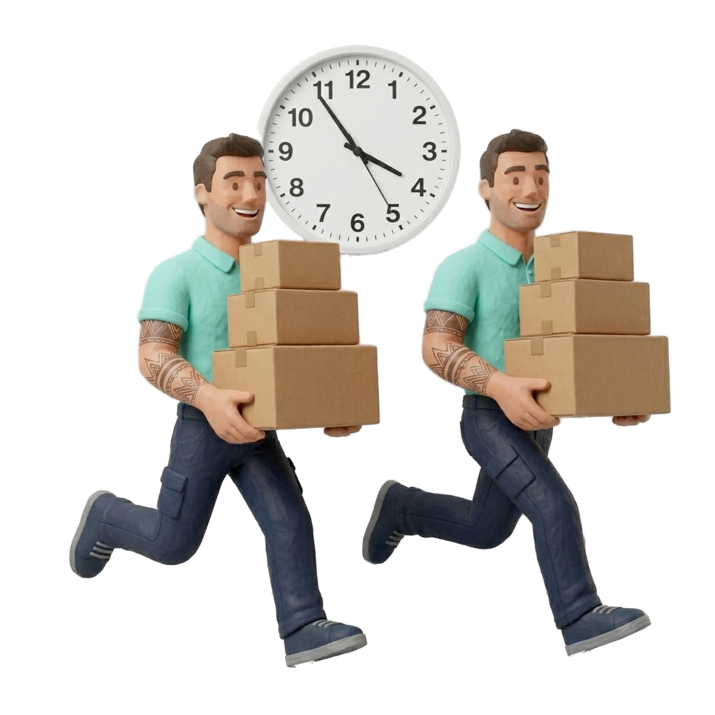 2 verhuizers haasten met dozen, klok 14:55
