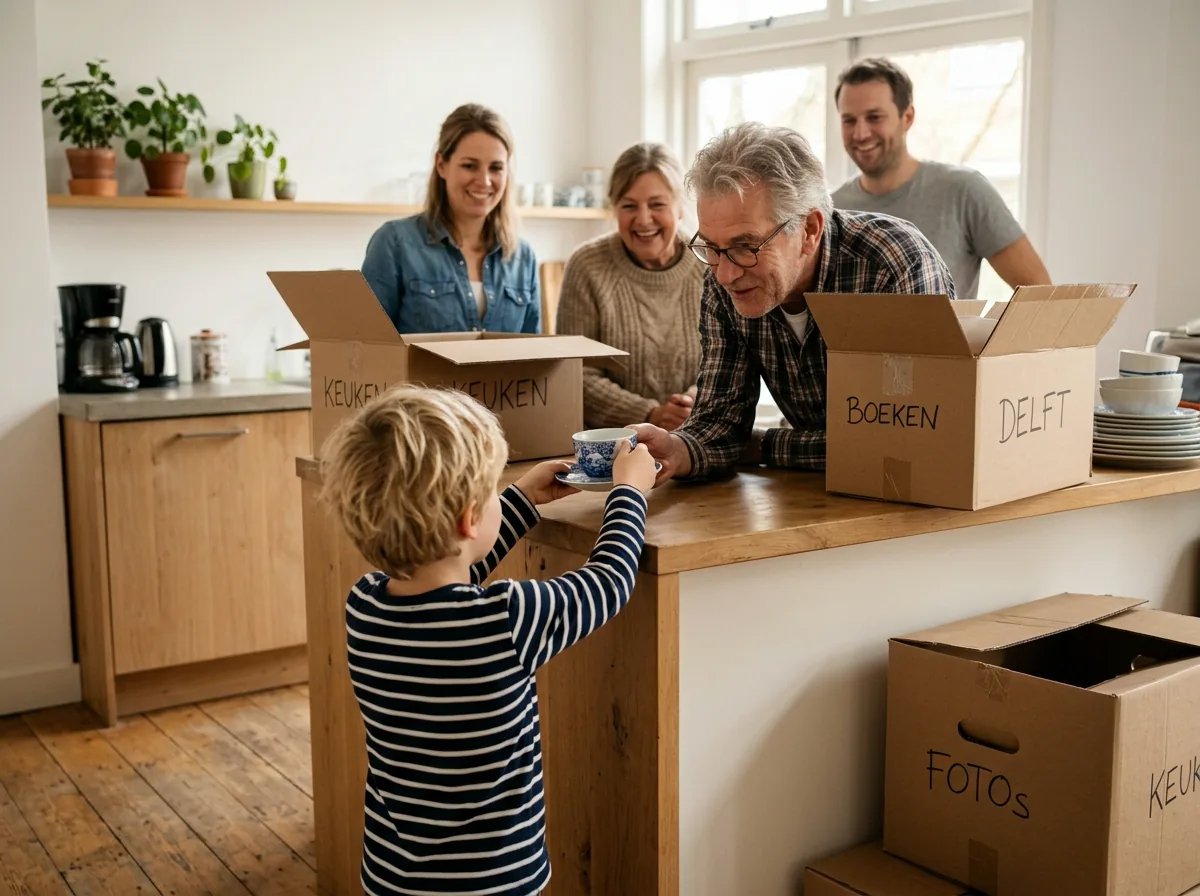 Familie pakt verhuisdozen uit in de keuken, kind overhandigt theekopje aan vader