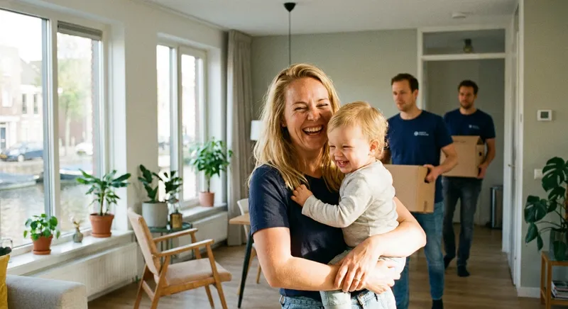 Tevreden moeder met kind, professionele verhuizers in blauwe shirts dragen verhuisdozen op de achtergrond