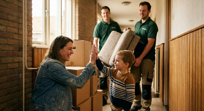 High-five tussen moeder en kind na een verhuizing, twee verhuizers met bank op de achtergrond