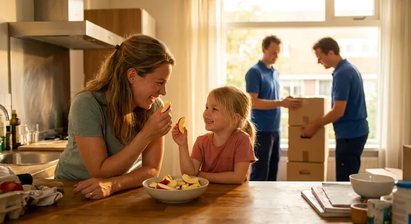 Moeder en kind delen appel aan de keukentafel terwijl verhuizers dozen inpakken op de achtergrond