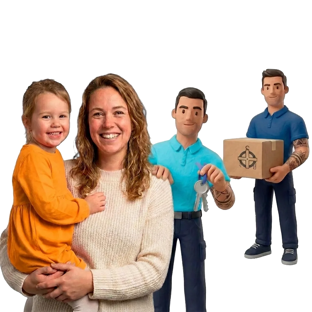 Tevreden moeder met kind in oranje, twee stoere verhuizers in turquoise en blauw shirt overhandigen sleutels en verhuisdoos met grijs Erkende Verhuizer-embleem