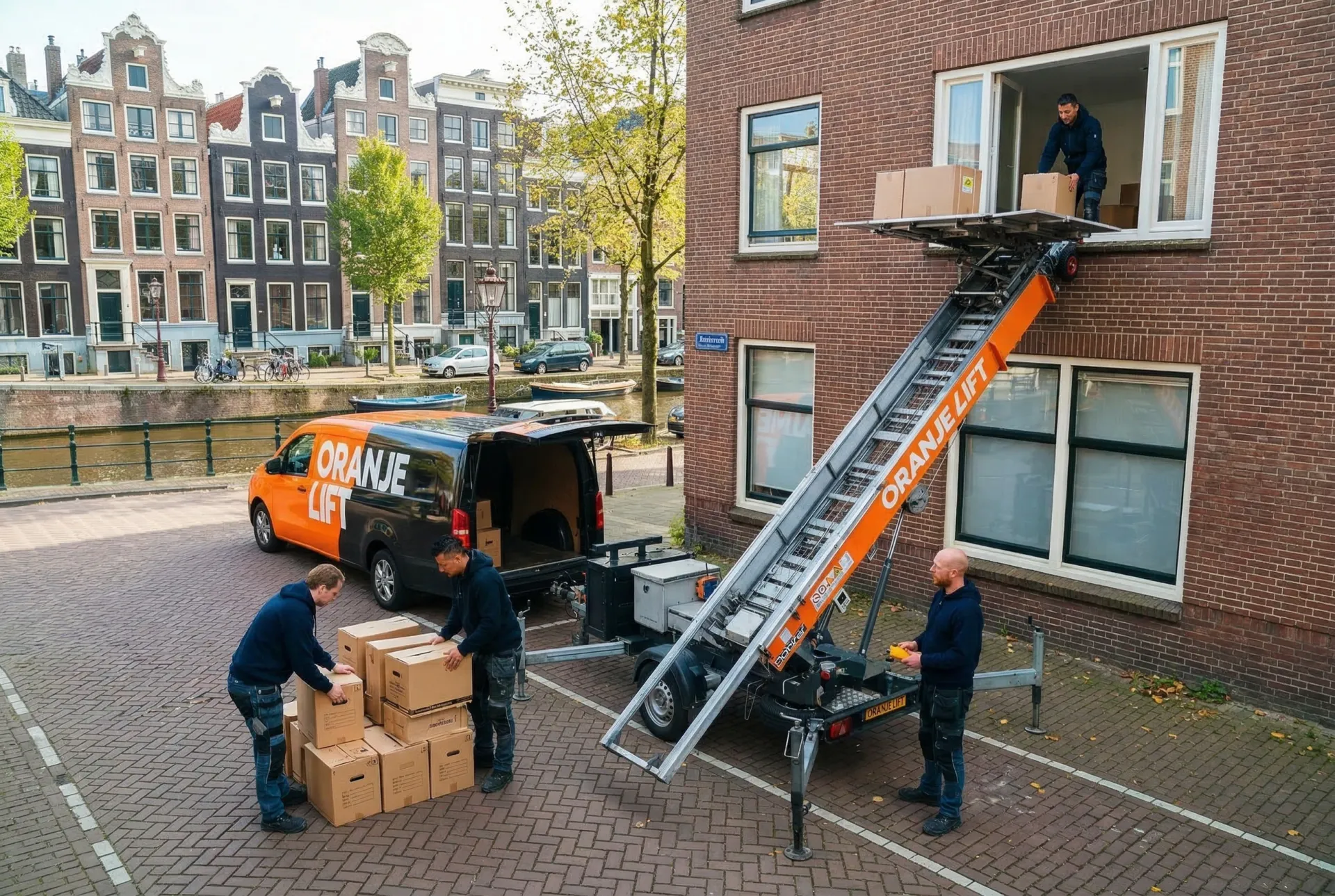 Verhuislift wordt bediend door operator tijdens verhuizing in Oss