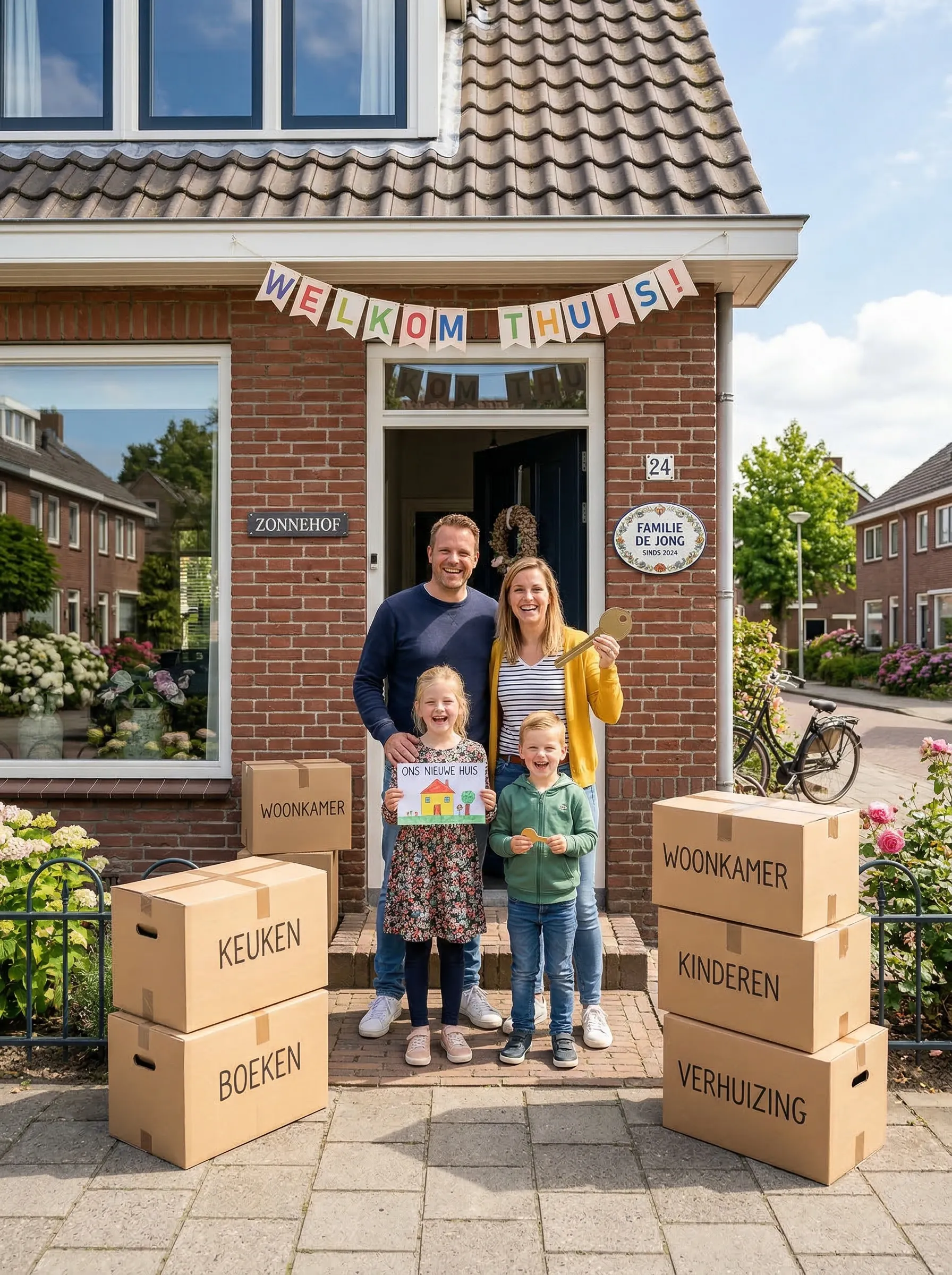 Blij gezin bij hun nieuwe woning in Kampen