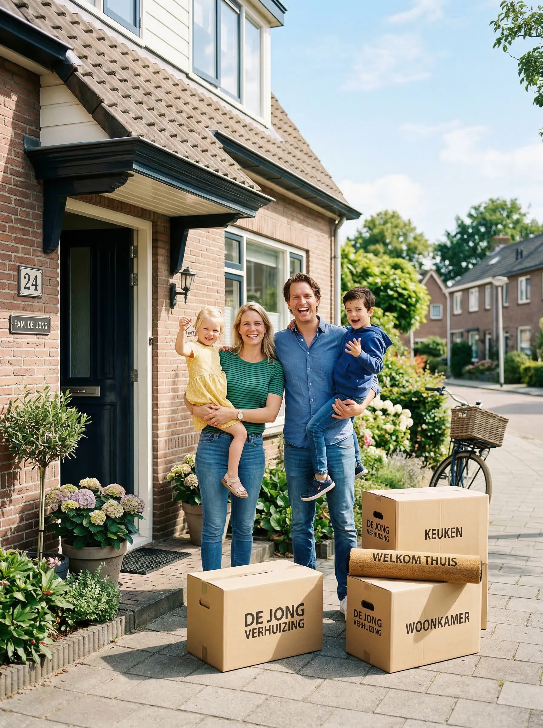 Gezin bij hun nieuwe woning in Lelystad
