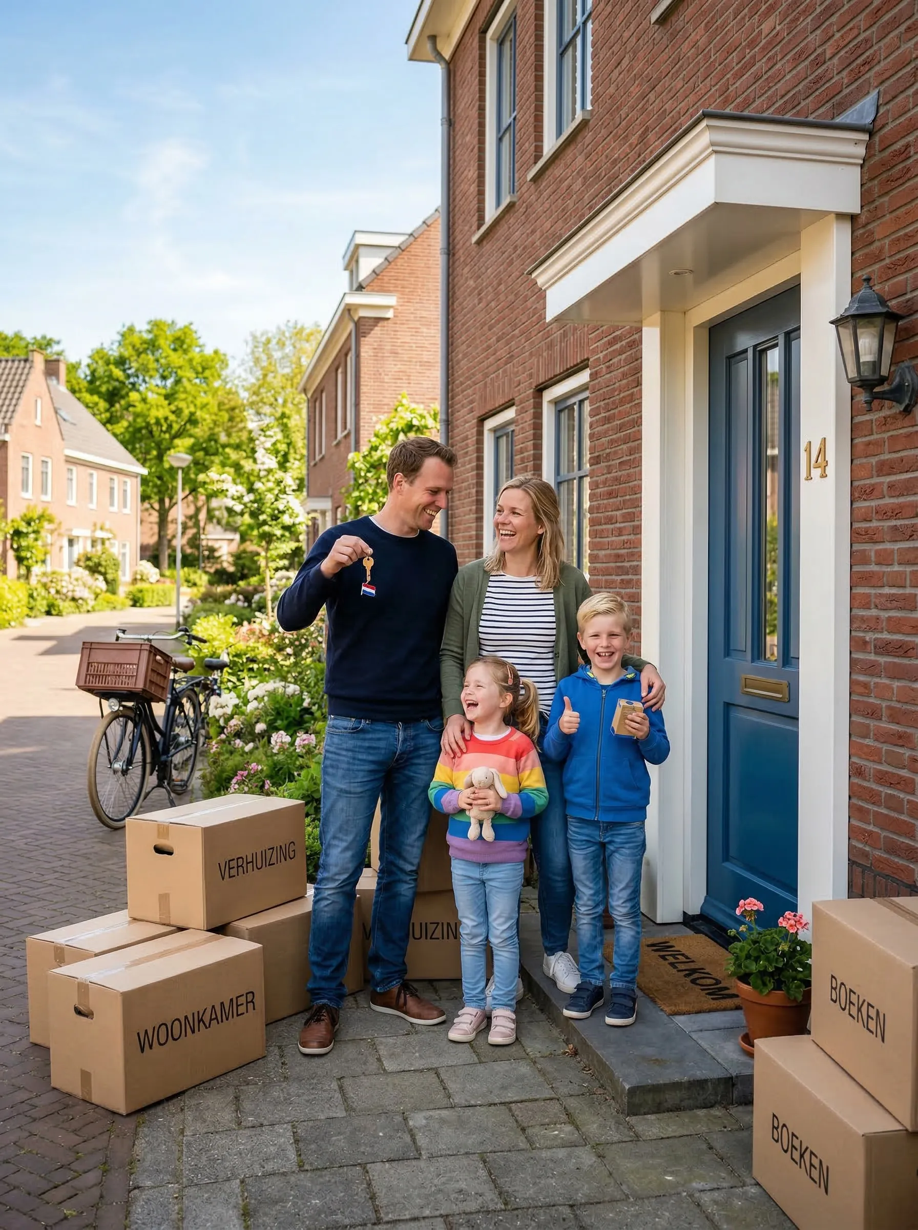 Blij gezin bij hun nieuwe woning in Hoofddorp