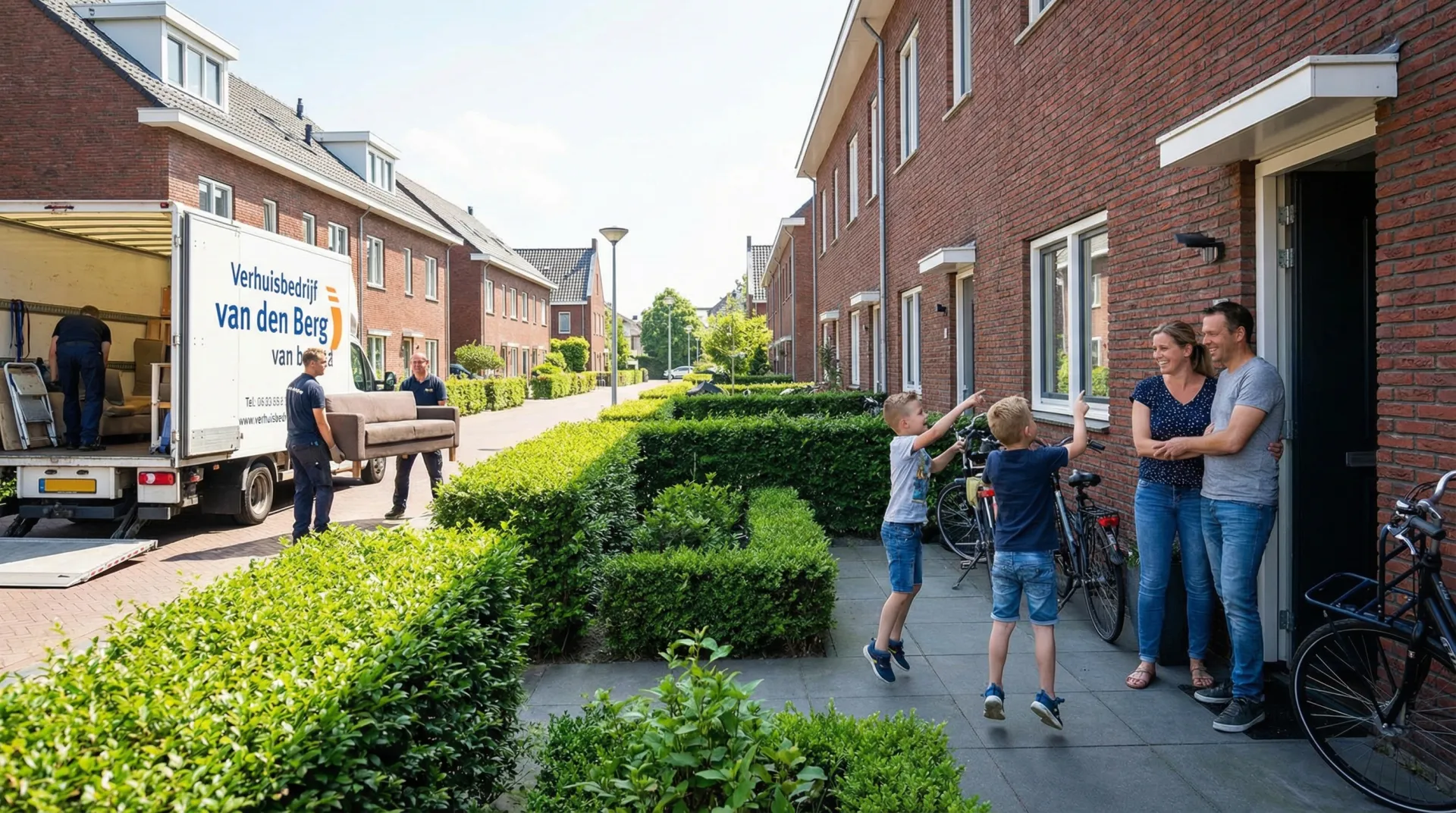 Gezin met verhuisdozen in een rustige woonwijk