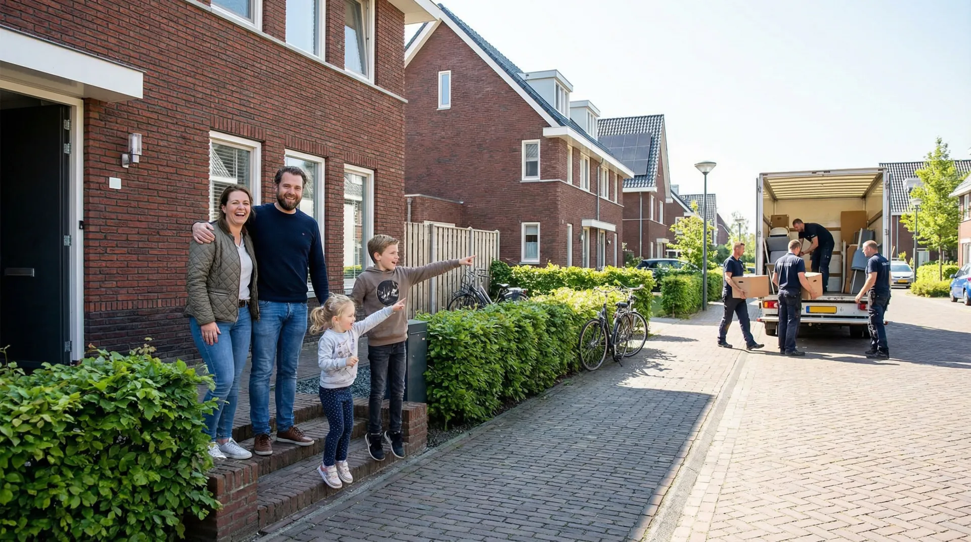 Blij gezin voor hun nieuwe woning na een zorgeloze verhuizing