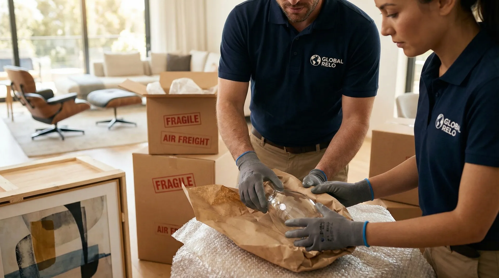 Professionele verhuizer plaatst antiek meubelstuk voorzichtig in beschermende verpakking
