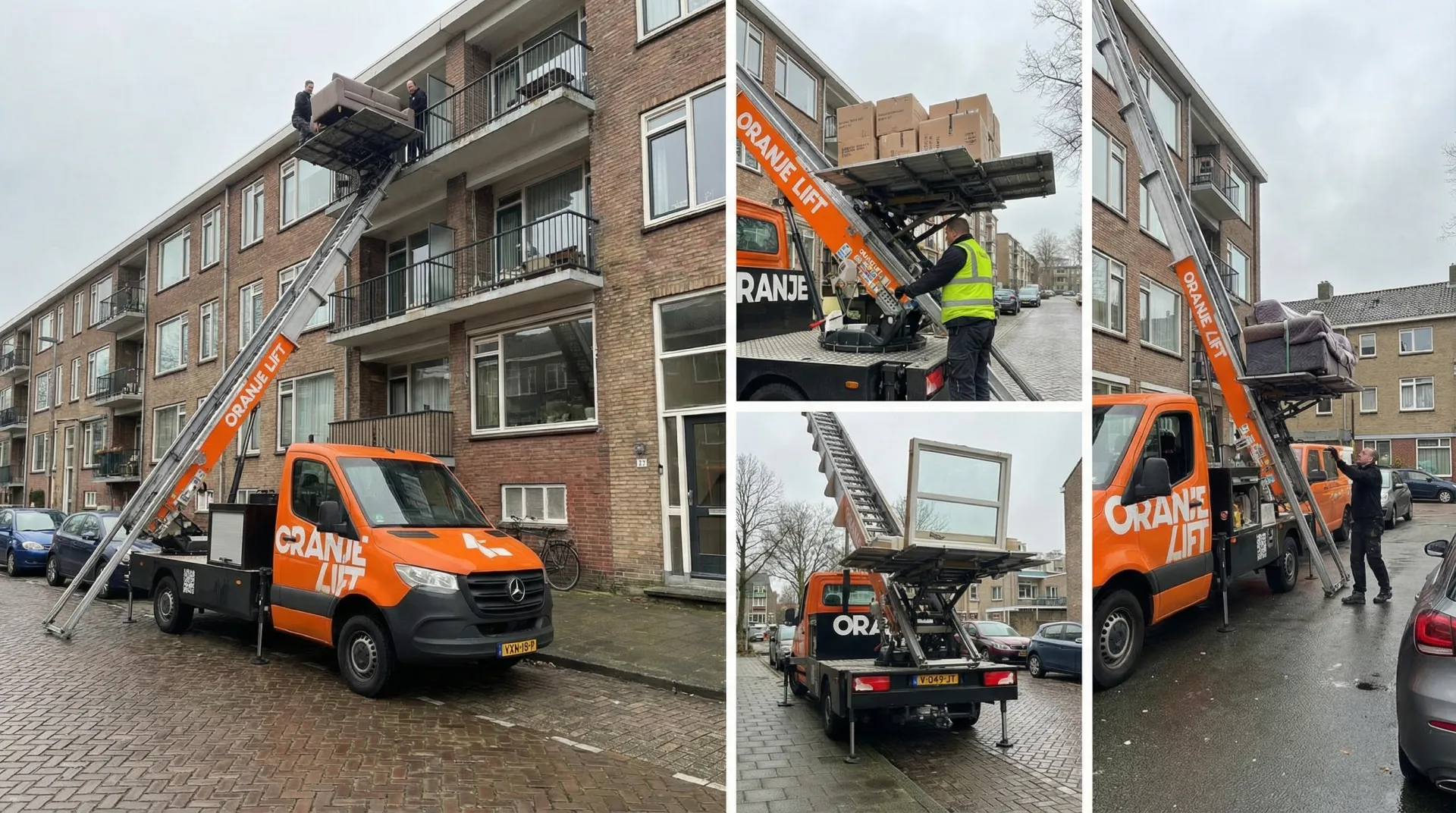 Operator bedient een verhuislift langs de gevel van een pand in Dronten
