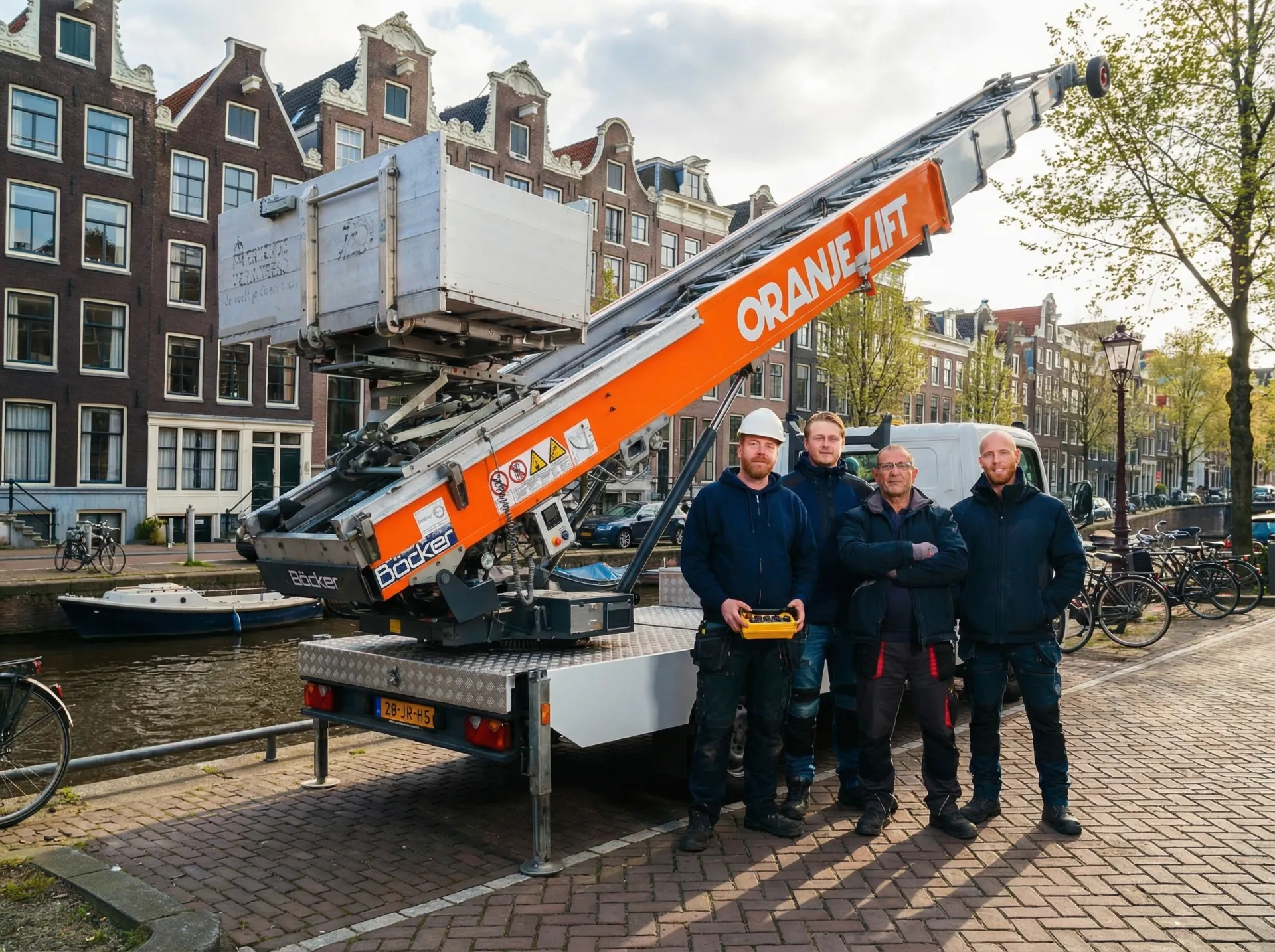 Verhuizers tillen meubels bij de Waterpoort in het centrum van Sneek
