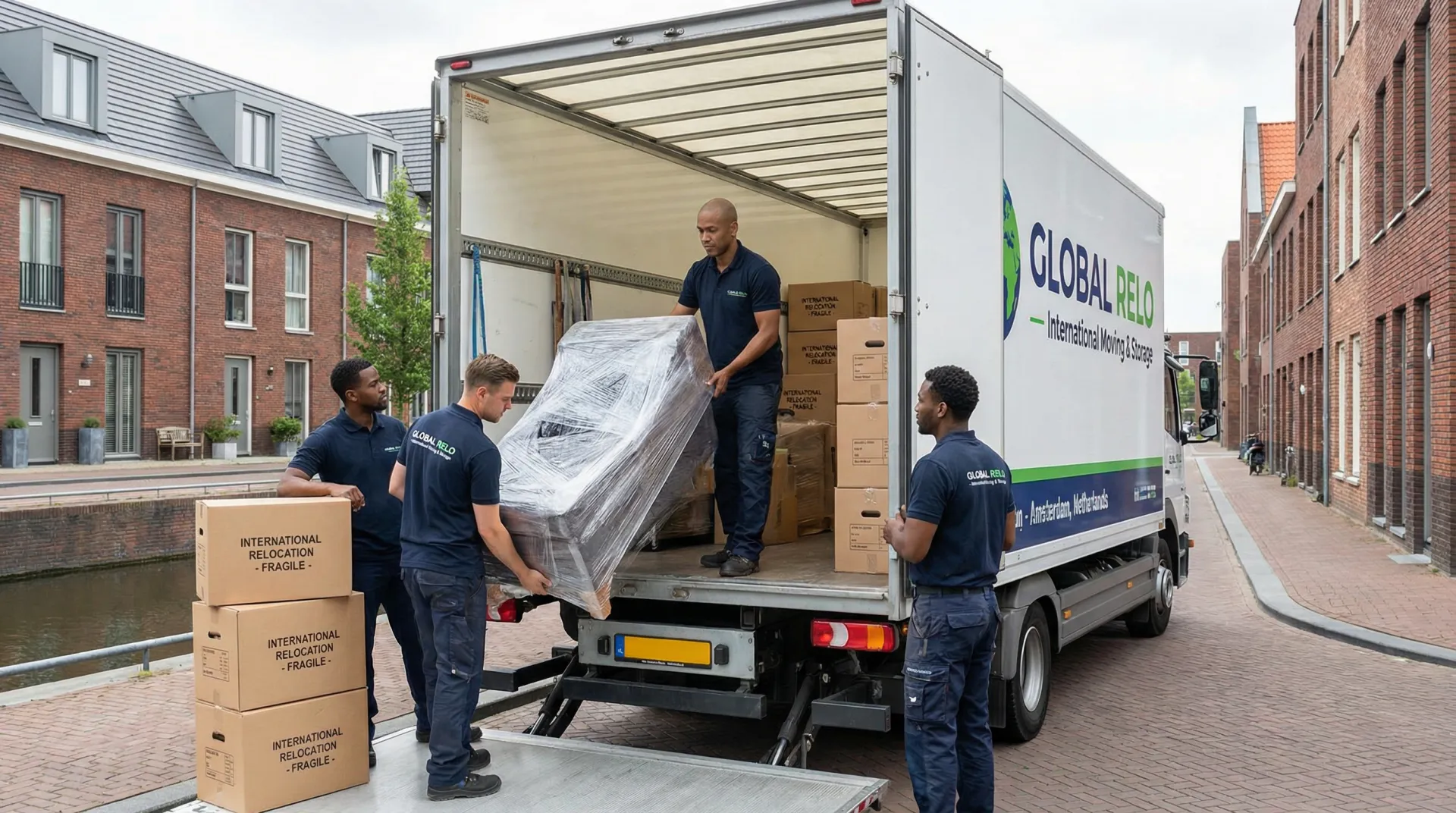 Verhuizers laden meubels en huisraad in een vrachtwagen bij een woningontruiming