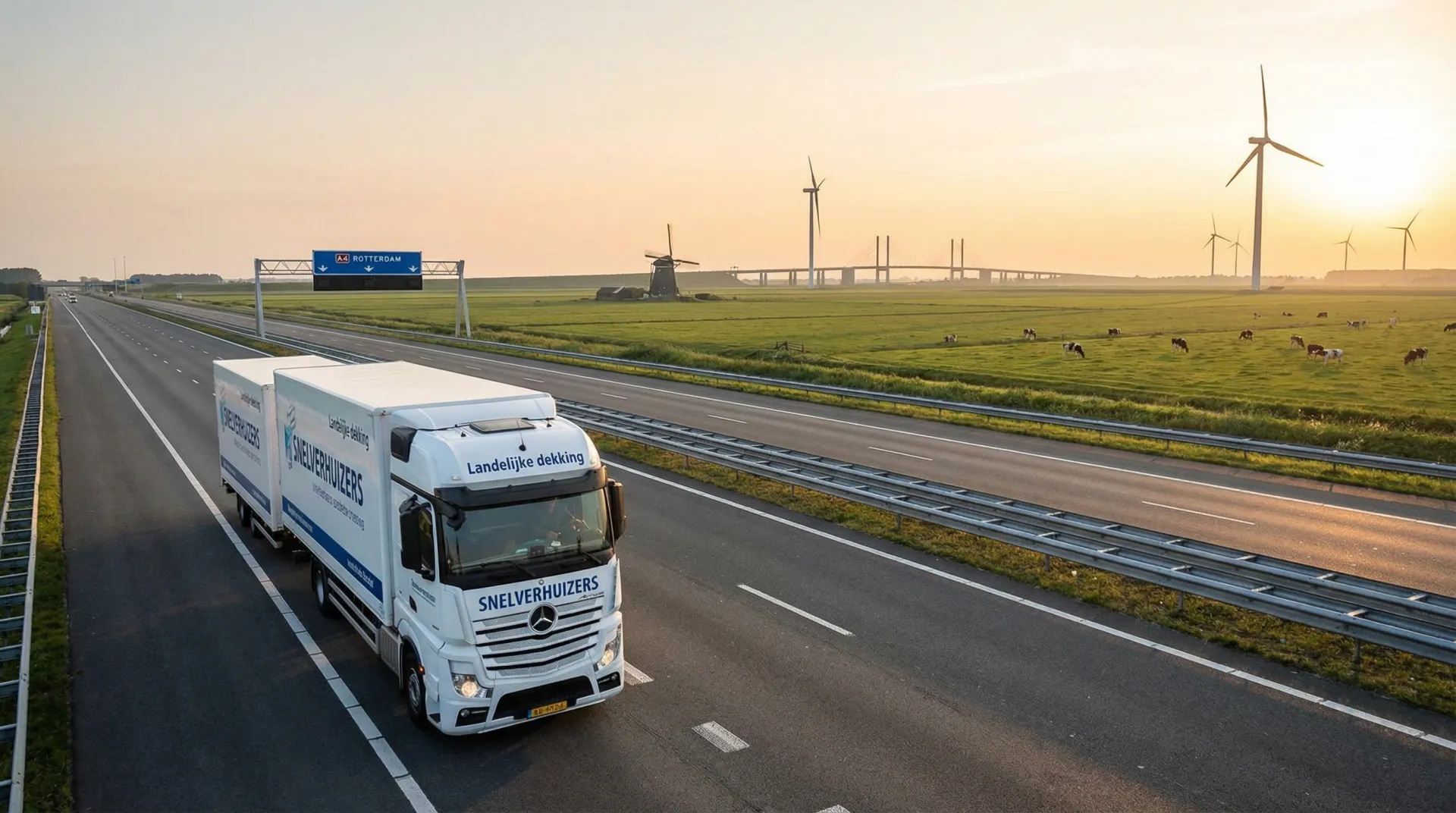 Verhuiswagen rijdt over Nederlandse snelweg bij zonsondergang