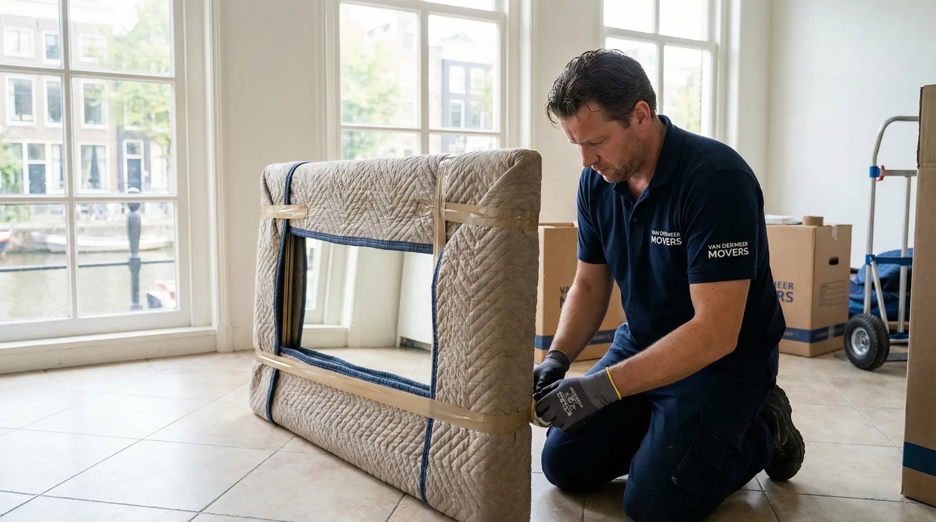 Twee professionele verhuizers tillen samen voorzichtig een bankstel door een smalle gang