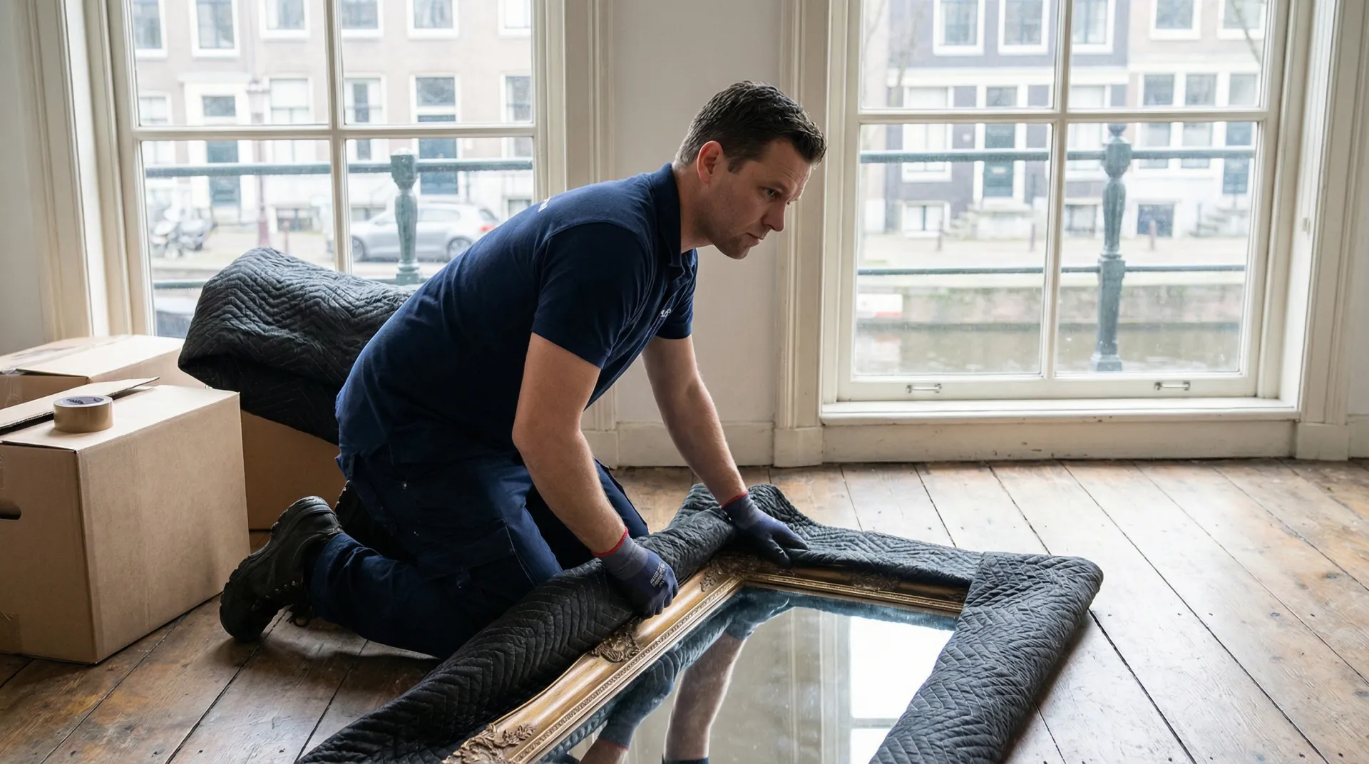 Professionele verhuizer in bedrijfskleding geeft advies aan een klant bij de voordeur