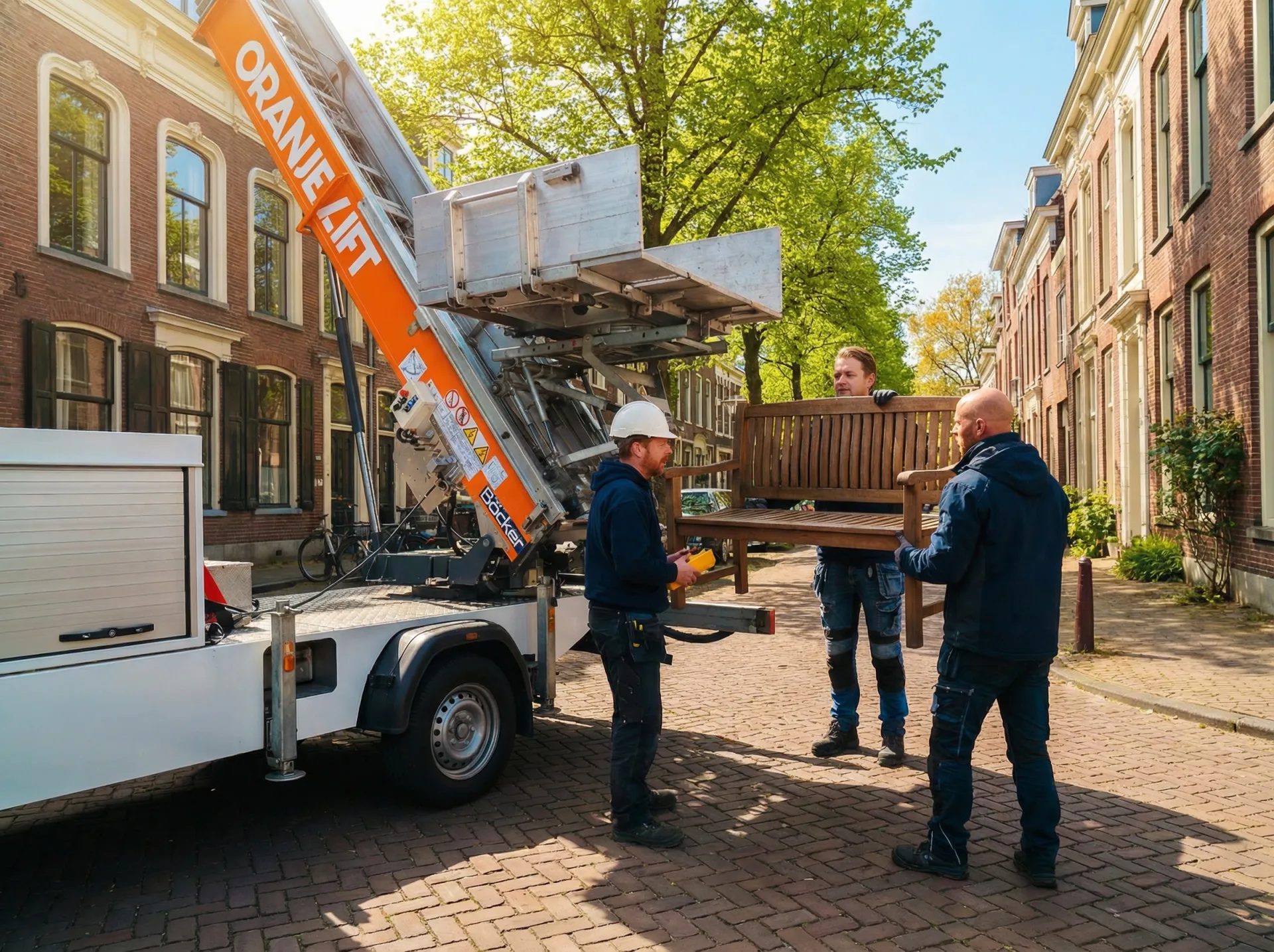 Ladderlift langs de gevel van een woning tijdens een verhuizing in Dronten