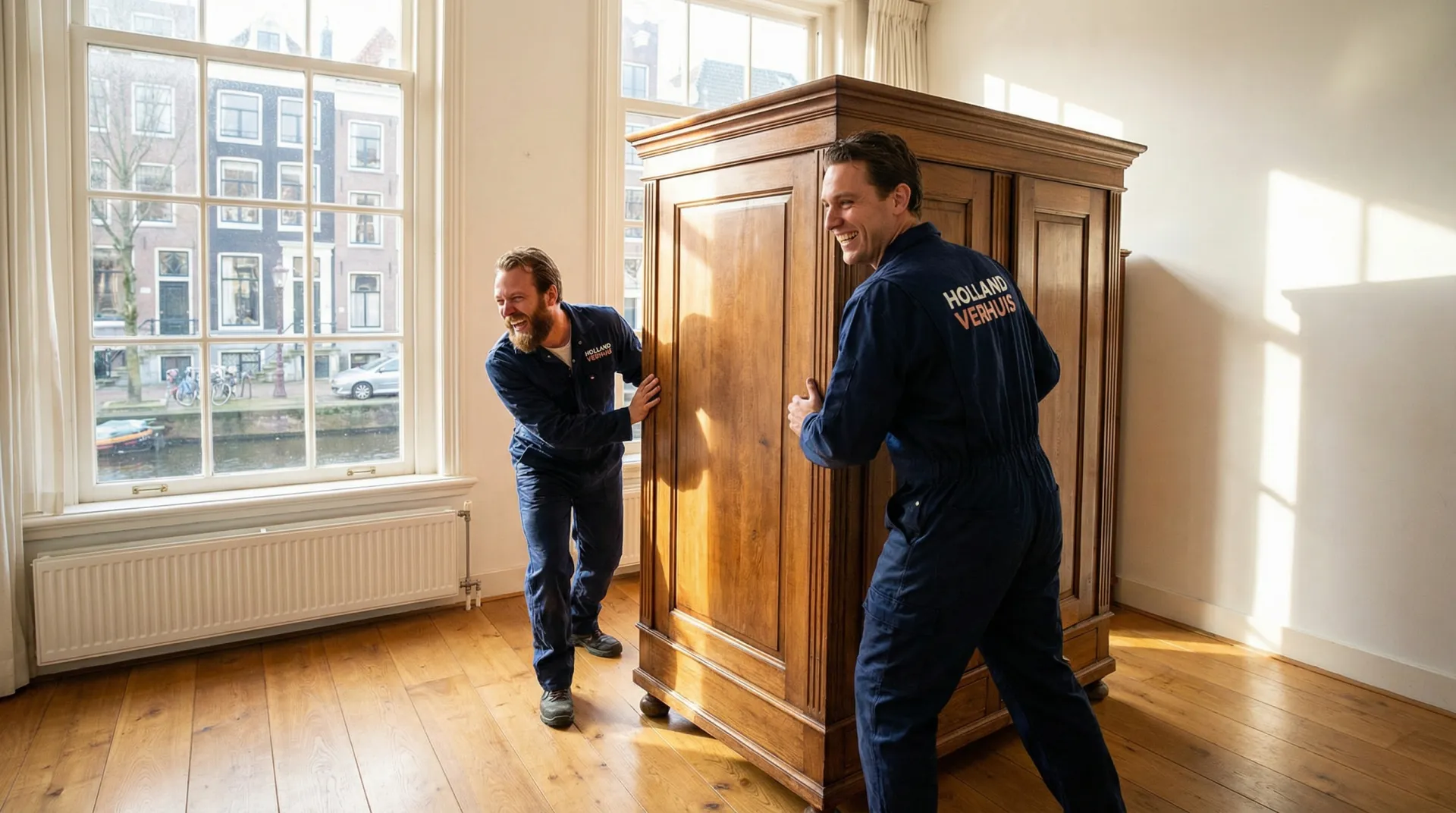 Verhuizers tillen antieke kast in grachtenpand Amsterdam
