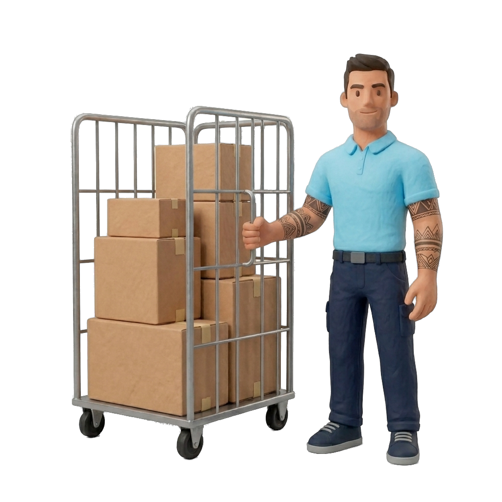 Verhuizer met rolcontainer vol verhuisdozen, vooraf bij u thuis geleverd