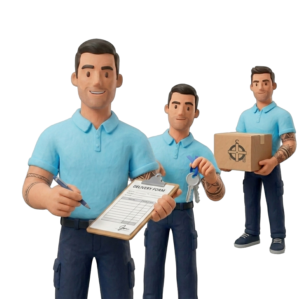 Verhuizer met klembord en collega's met dozen en sleutels