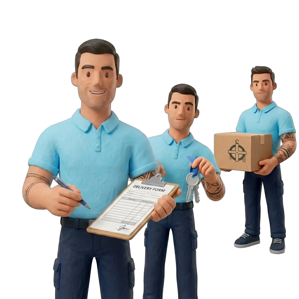 Verhuizer met klembord en collega's met dozen en sleutels