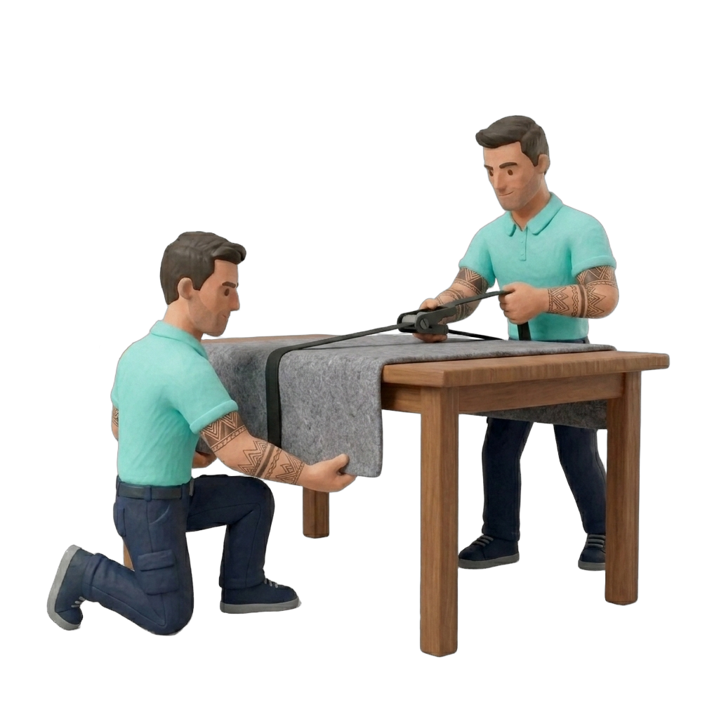 Verhuizers wikkelen tafel in verhuisdeken — meubels beschermd in inboedelopslag