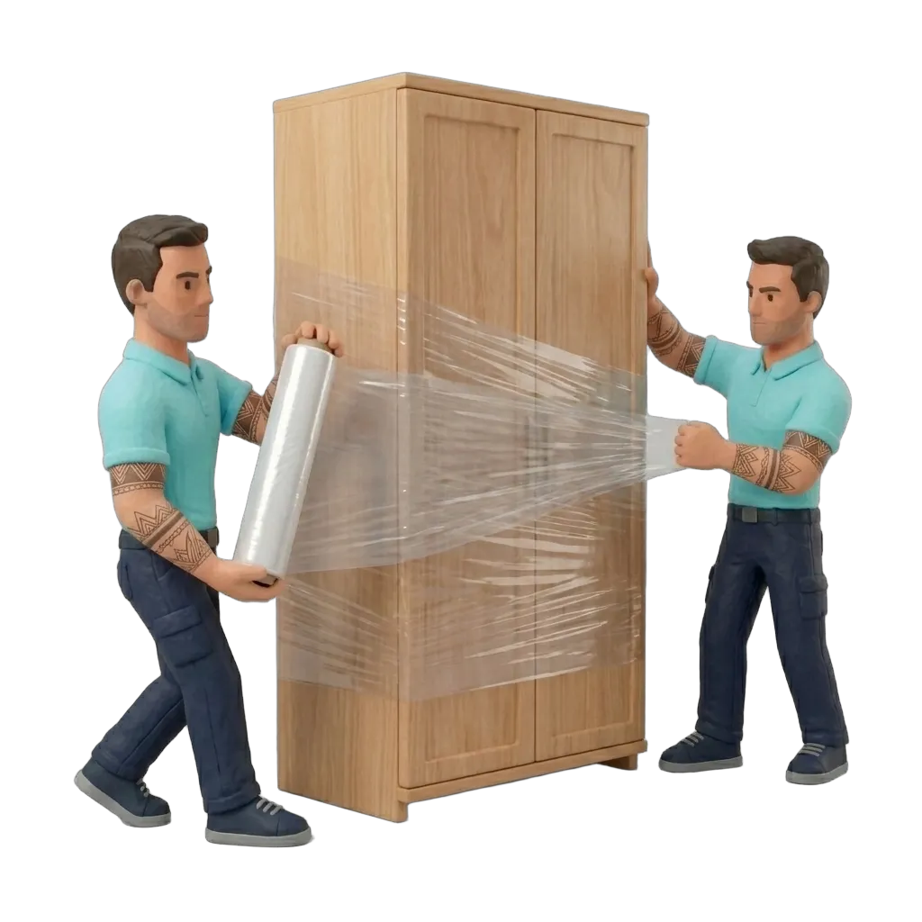 Verhuizers wikkelen kast in folie, bescherming tijdens tijdelijke verhuizing