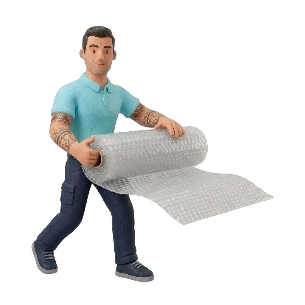 Verhuizer rolt noppenfolie uit, inpaktip: voldoende noppenfolie bestellen voorkomt schade
