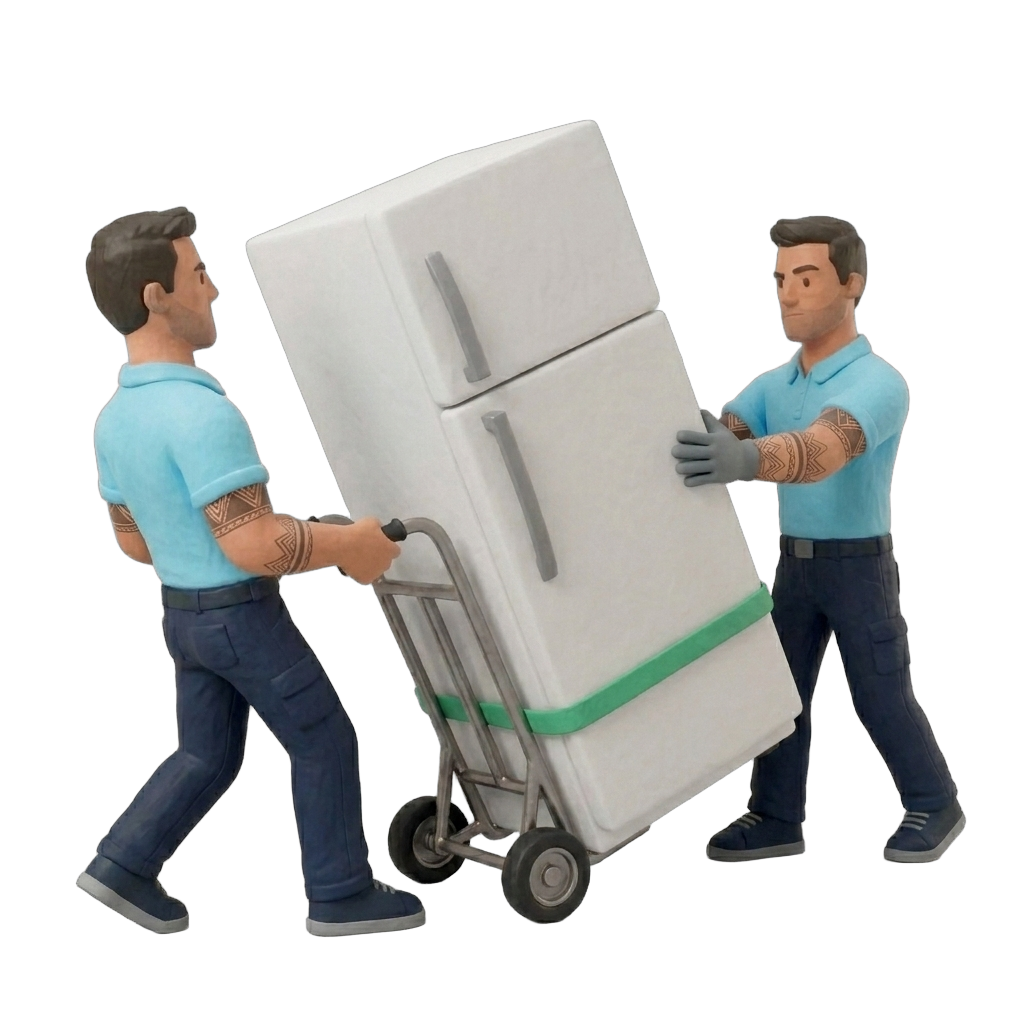 Verhuizers met steekwagen en koelkast — zware items vereisen techniek in verhuisbus