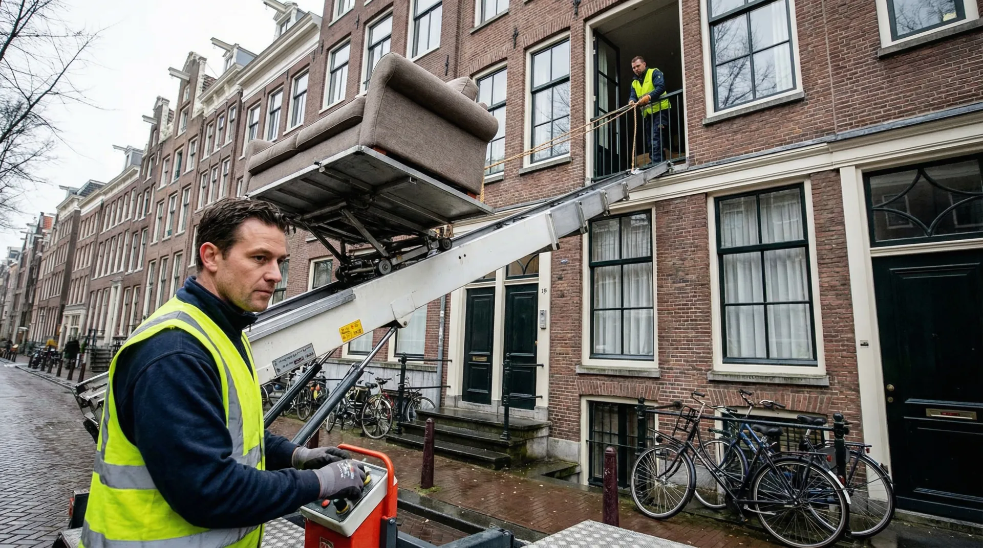 Operator bedient een verhuislift langs de gevel van een grachtenpand in Amsterdam-Centrum