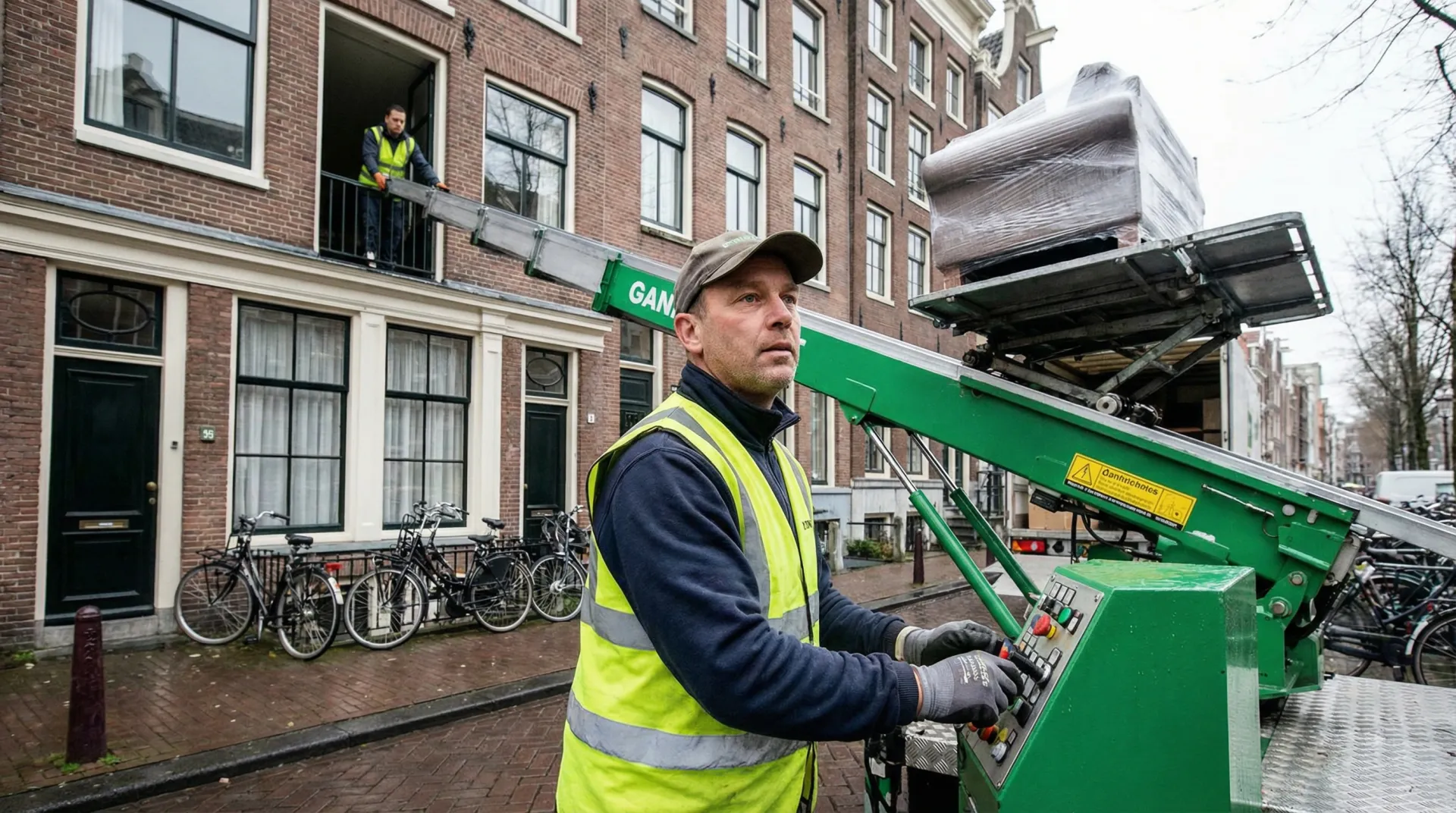 Operator bedient een verhuislift langs de gevel in Ede
